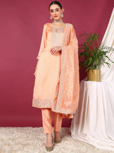 Women Peach Silk Blend Solid Embroidered Straight Kurta Trouser With Dupatta-PKSKD1899A